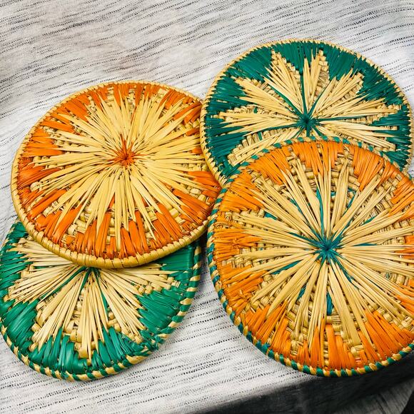 Set 4 Woven Straw Trivets Orange and Green Scandinavian Geometric Pattern NWOT - Picture 6 of 6